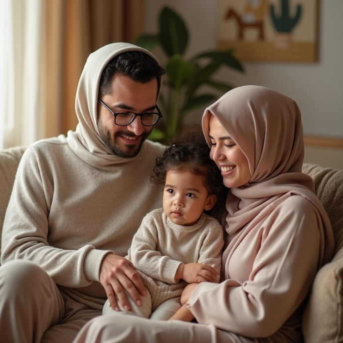 A family of three wearing matching beige and dusty pink hijab and knit loungewear sits together on a couch in a warmly lit living room Knowing they are safe because they have their Duua Kits Emergency Halal Food Kit