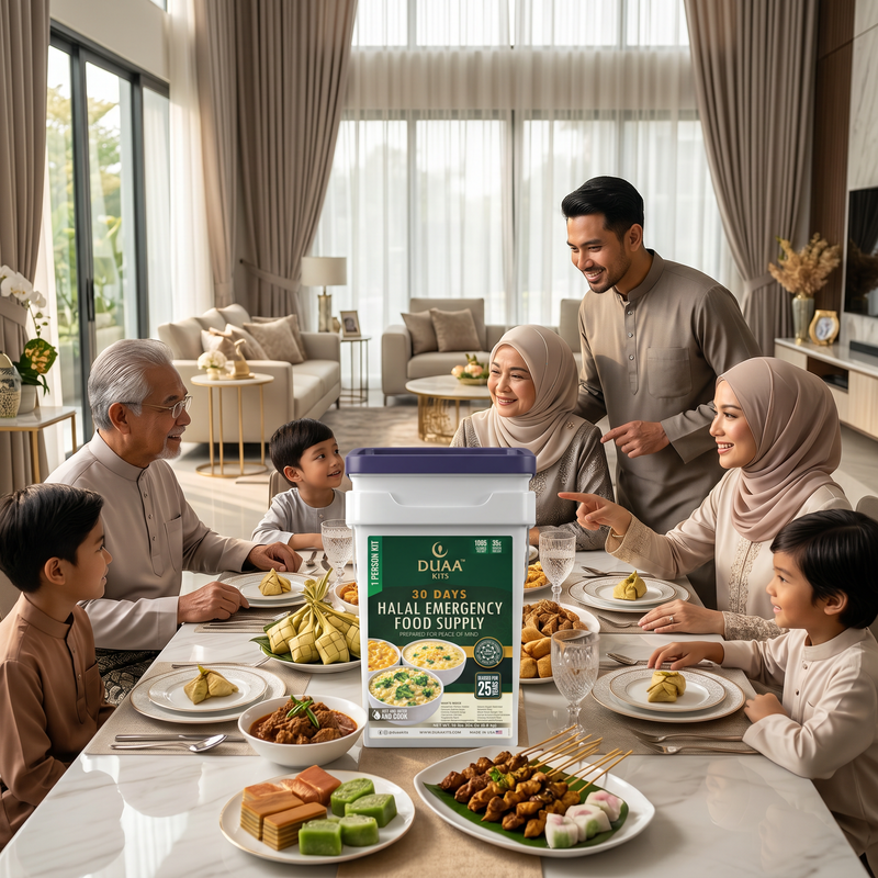 Family gathered around a table with a DUAA Emergency Food Supply container in the center.